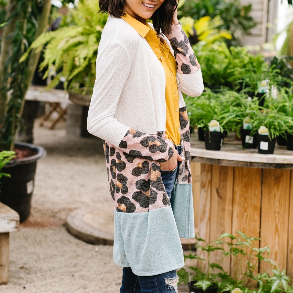 Wild Slice Leopard Rosette Color Block Cardigan - Picture 1 of 8